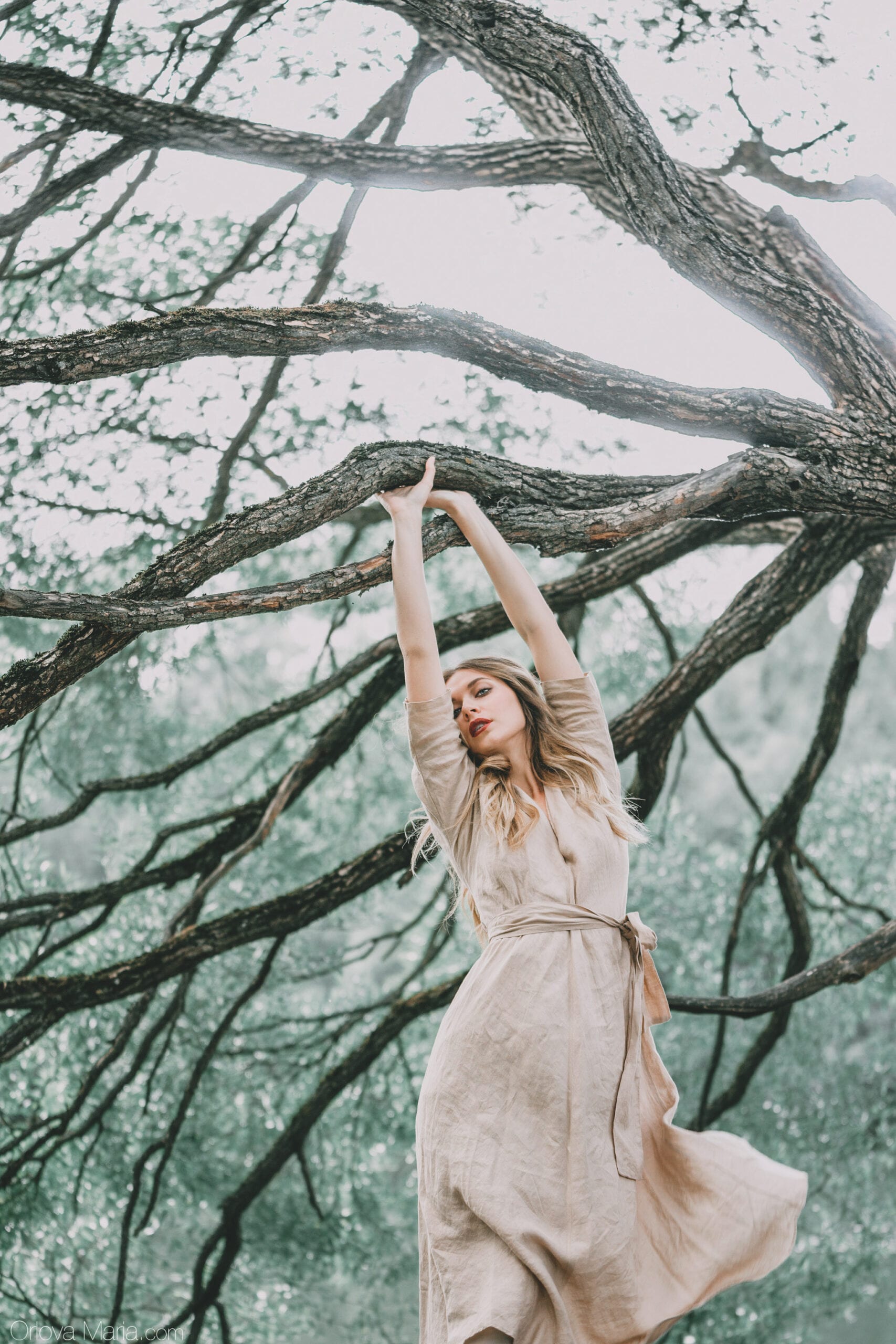 Woman in a dress under a tree.